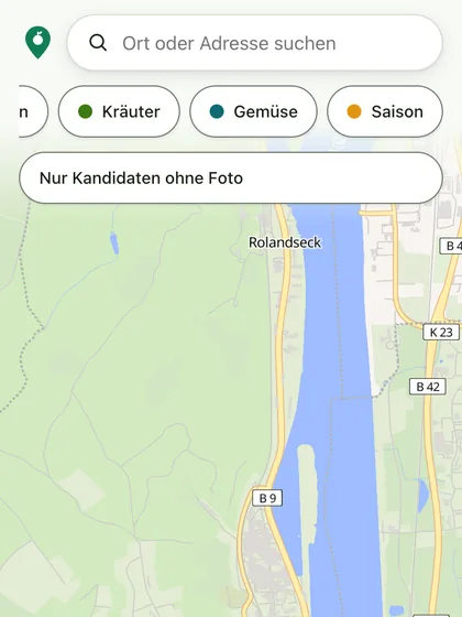 Karte der App mit Suchfeld, Kategoriefiltern und Saison-Filter
