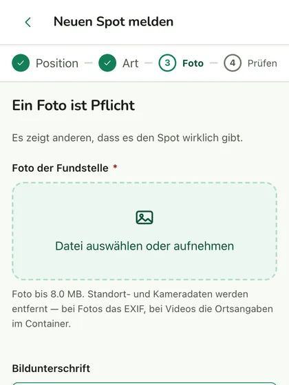 Anlegen in der App: ein Foto ist Pflicht