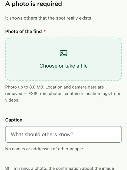 Adding a spot in the app: a photo is required